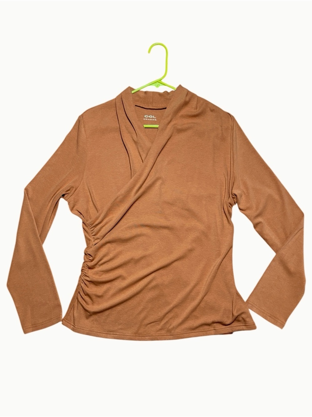 OGL Eco-Mousse Surplice Ruched Drape Wrap Top NWT In Cinnamon/Camel Tan Sz 2XL